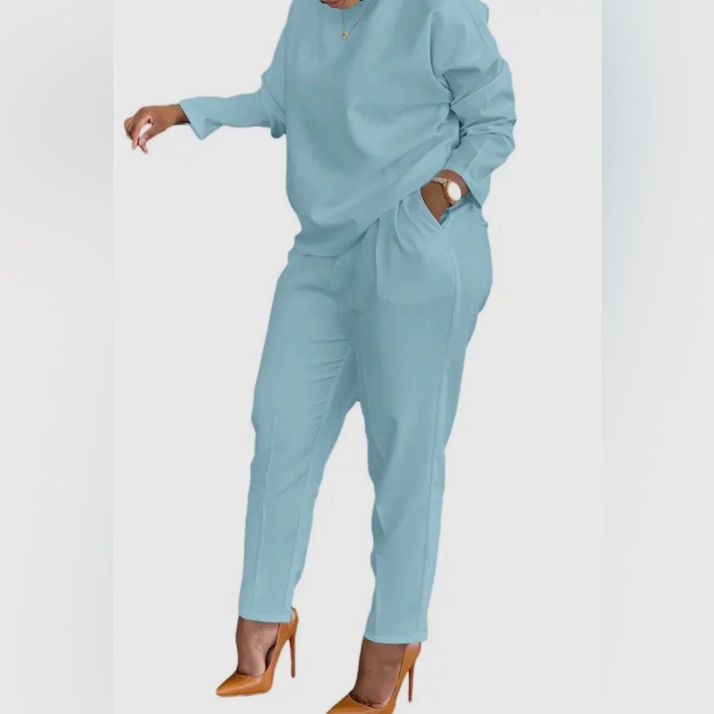 Casual Two-piece Set, Crew Neck Long Sleeve Top & Slant Pockets Pants Outfit